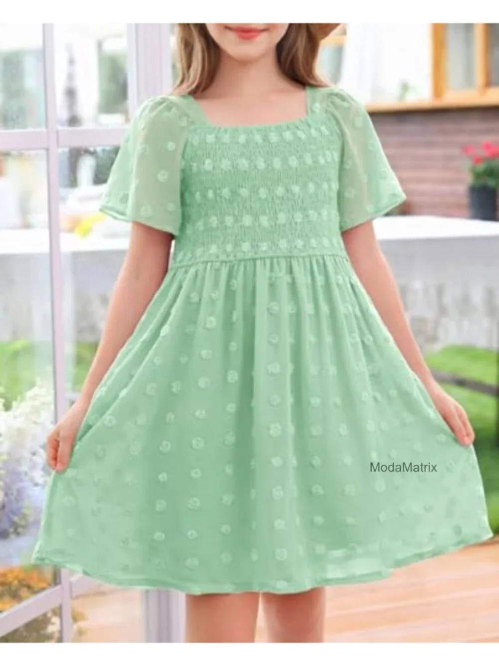 Girls Swiss Dot Square Neck Smocked A-Line Dress with Pockets